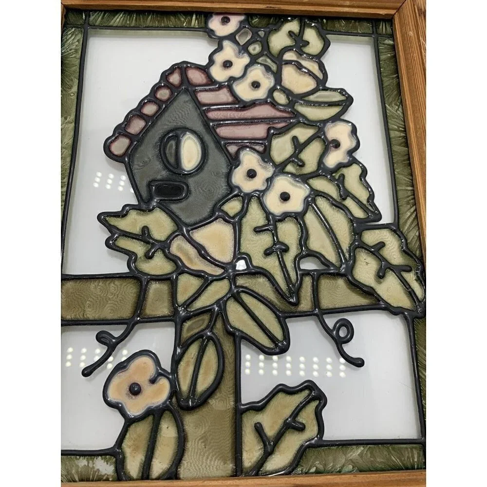 Wood Framed Vibrant Birdhouse & Flowers Stained Glass Wall Art 11.5x9.5 Vintage